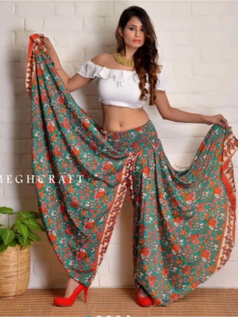 Boho Flora Wide Leg High Rise Sari Palazzo Pants Cream Red & Green Floral Print